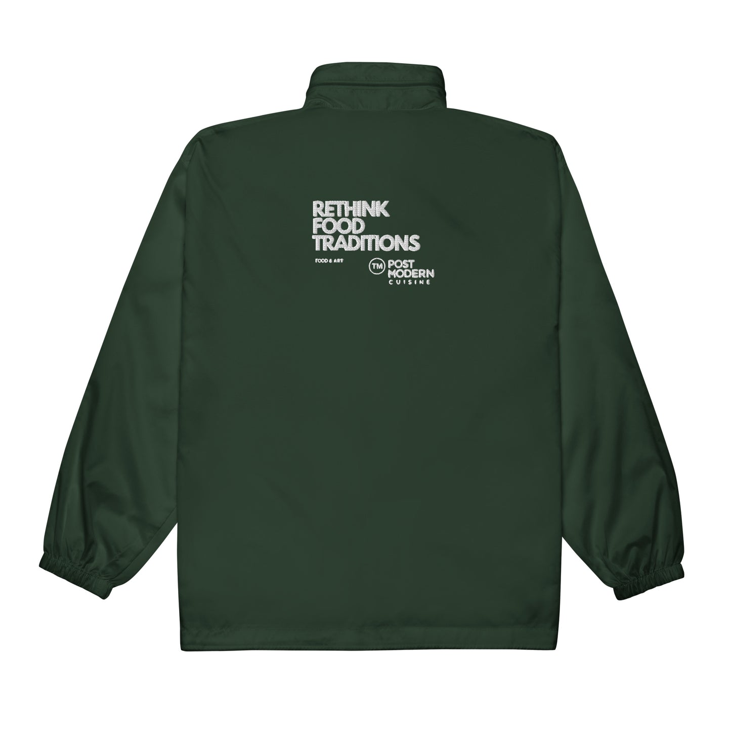  Back view of black chef windbreaker with Rethink Food Traditions embroidered text