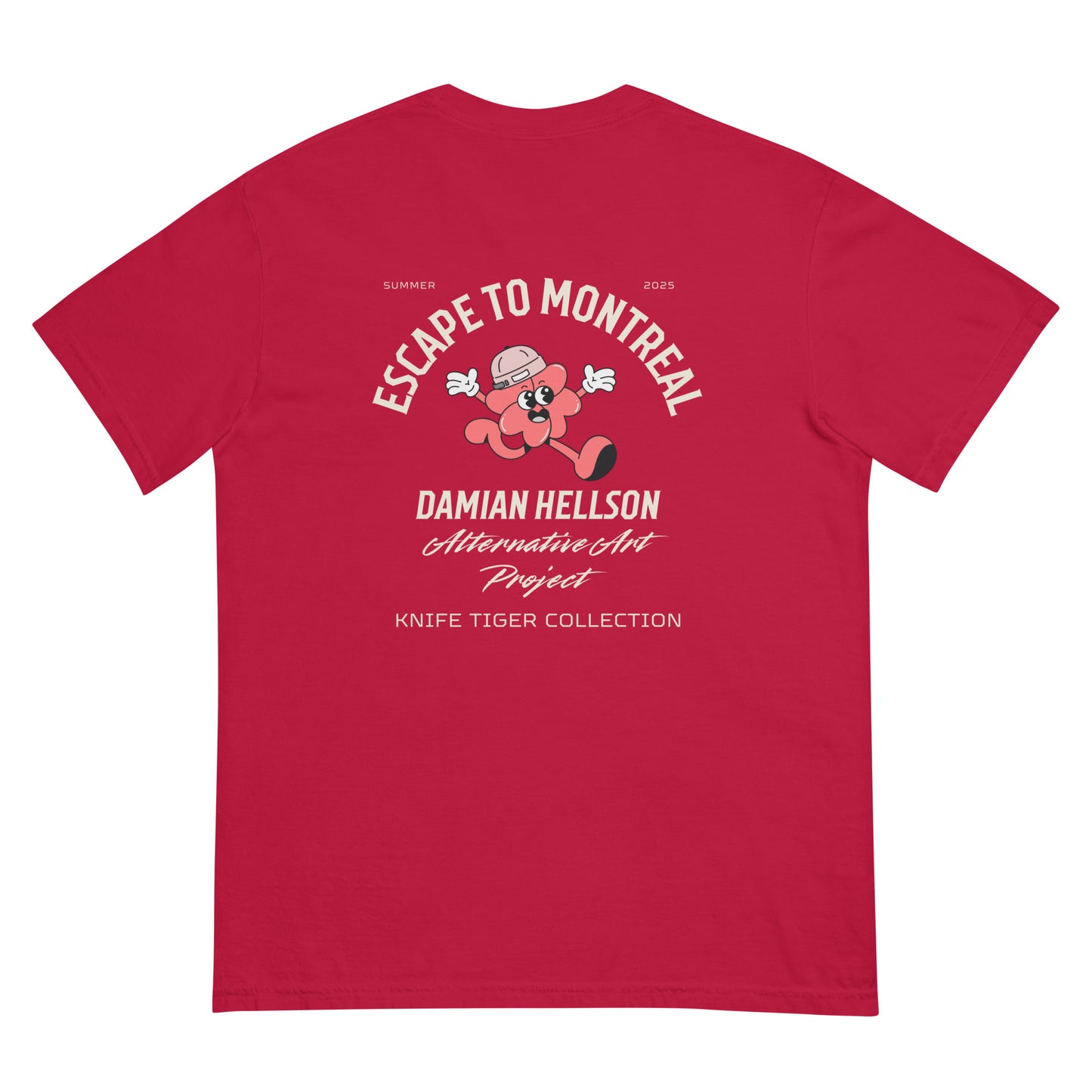 Back view of red chef t-shirt with Escape To Montreal graphic on back