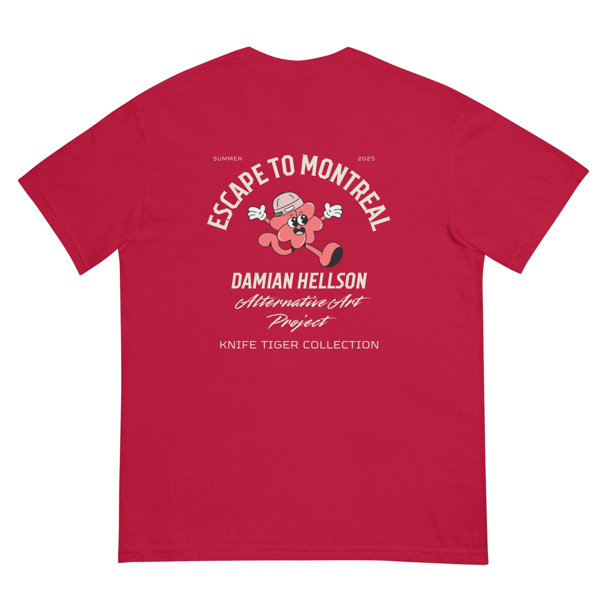 Back view of red chef t-shirt with Escape To Montreal graphic on back