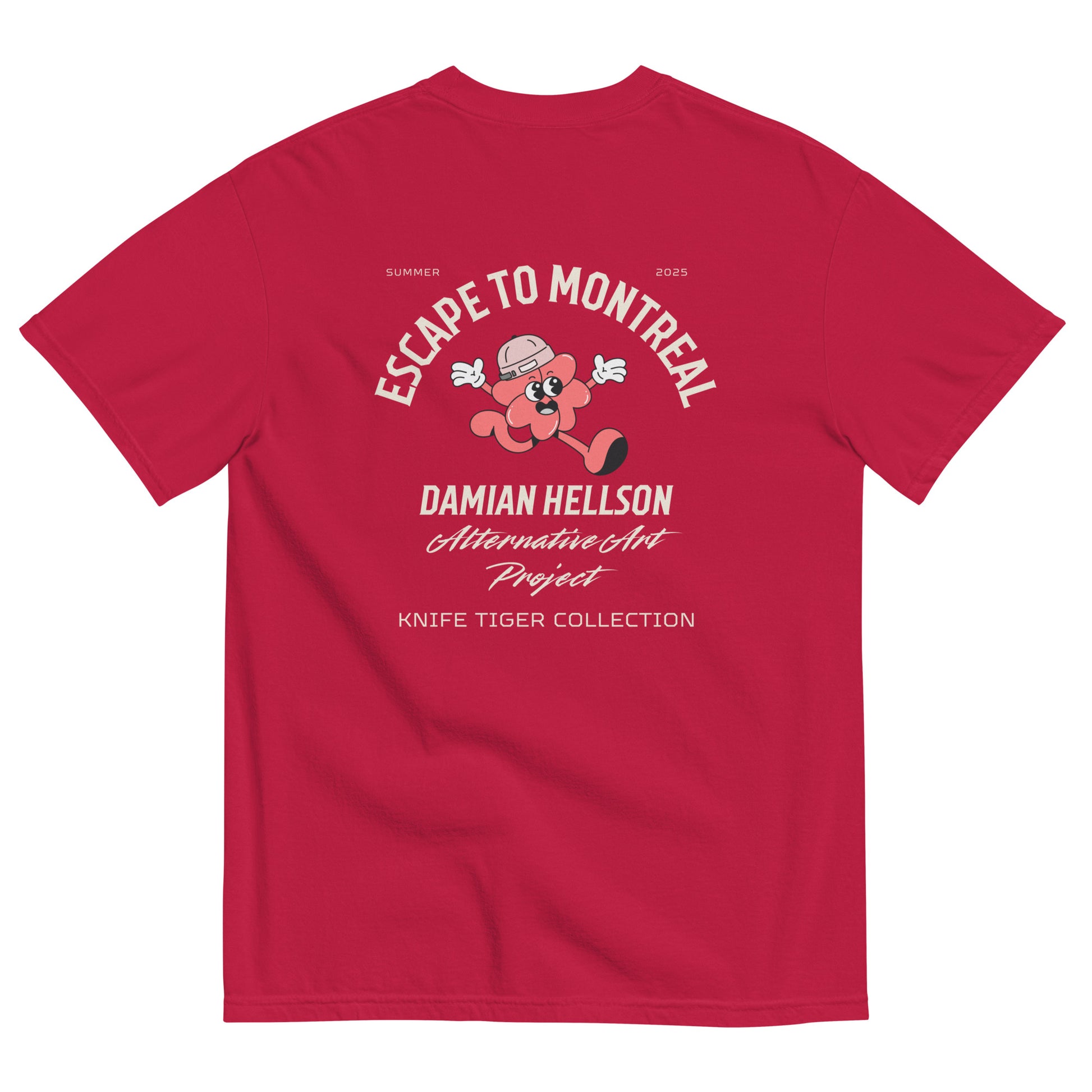 Back view of red chef t-shirt with Escape To Montreal graphic on back