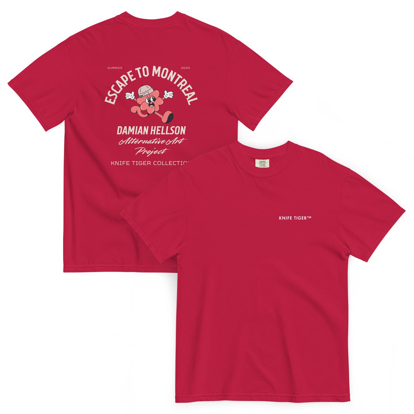 Front and back view of red chef t-shirt with Knife Tiger logo and Escape To Montreal graphic