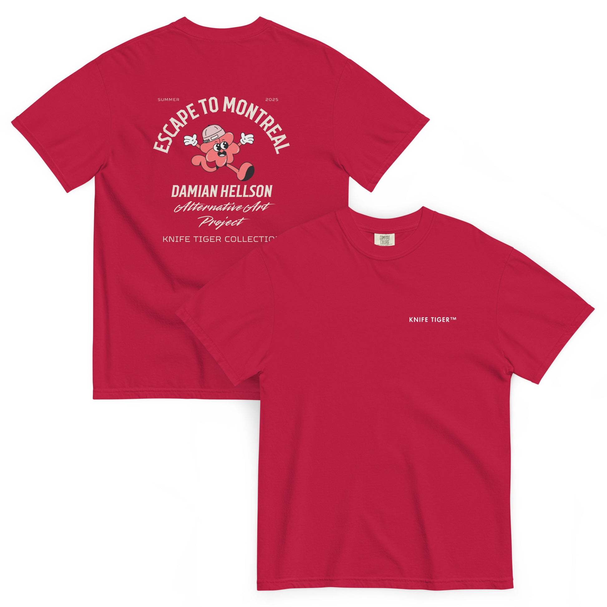 Front and back view of red chef t-shirt with Knife Tiger logo and Escape To Montreal graphic